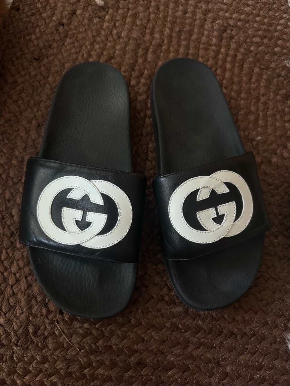Gucci Black Slides with White Interlocking Logo - Men